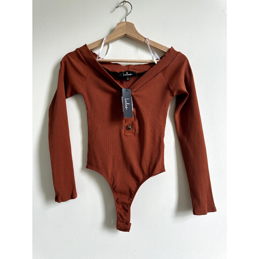 LULUS Lilyth Off The Shoulder Ribbed Bodysuit In Rust Size S - Picture 2 of 13